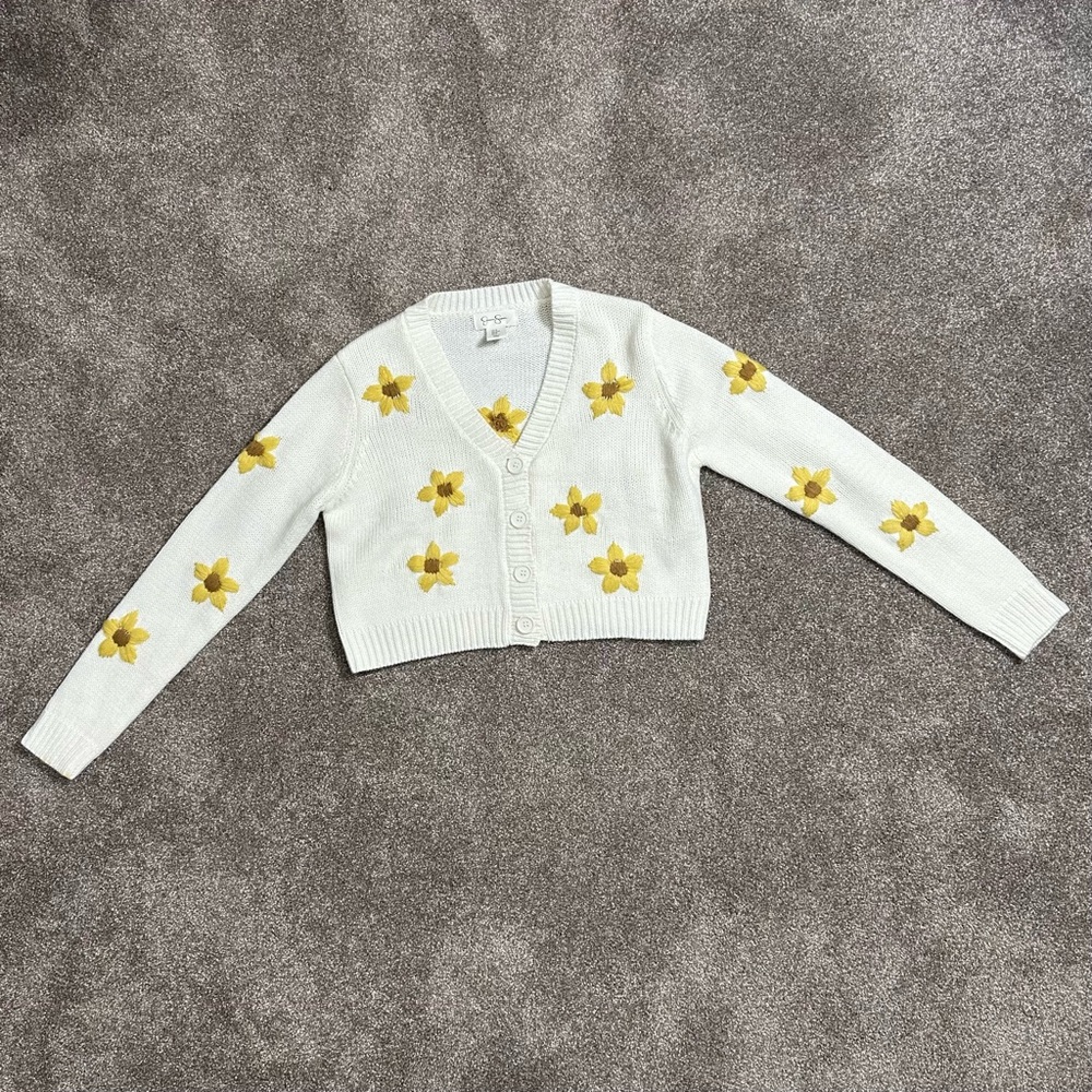 Jessica Simpson Cream Cardigan with Gold Floral Patterns